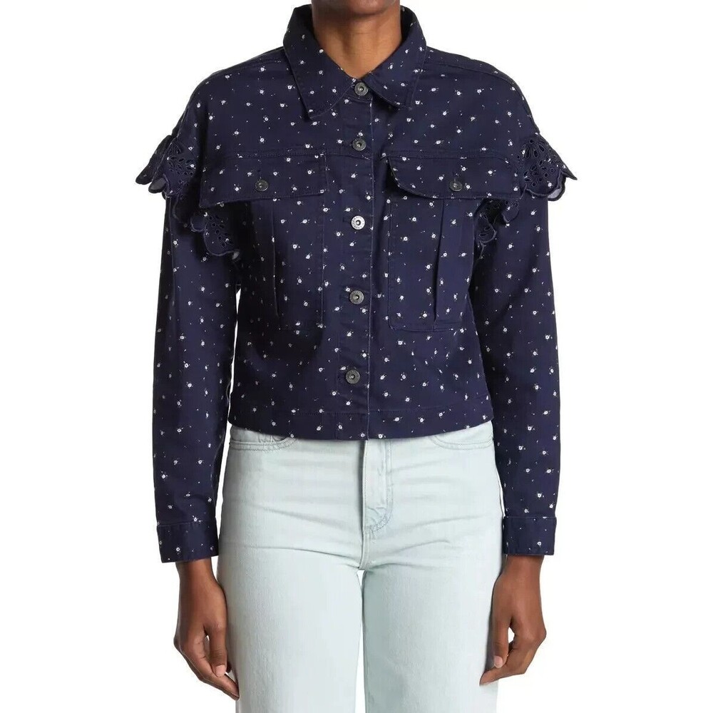SOMETHING NAVY Celeste Blue Floral Ditsy Eyelet Ruffle Detail Jacket SIZE MEDIUM